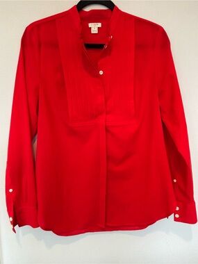 J. Crew Bright Red Pleated Front Button-Down Blouse